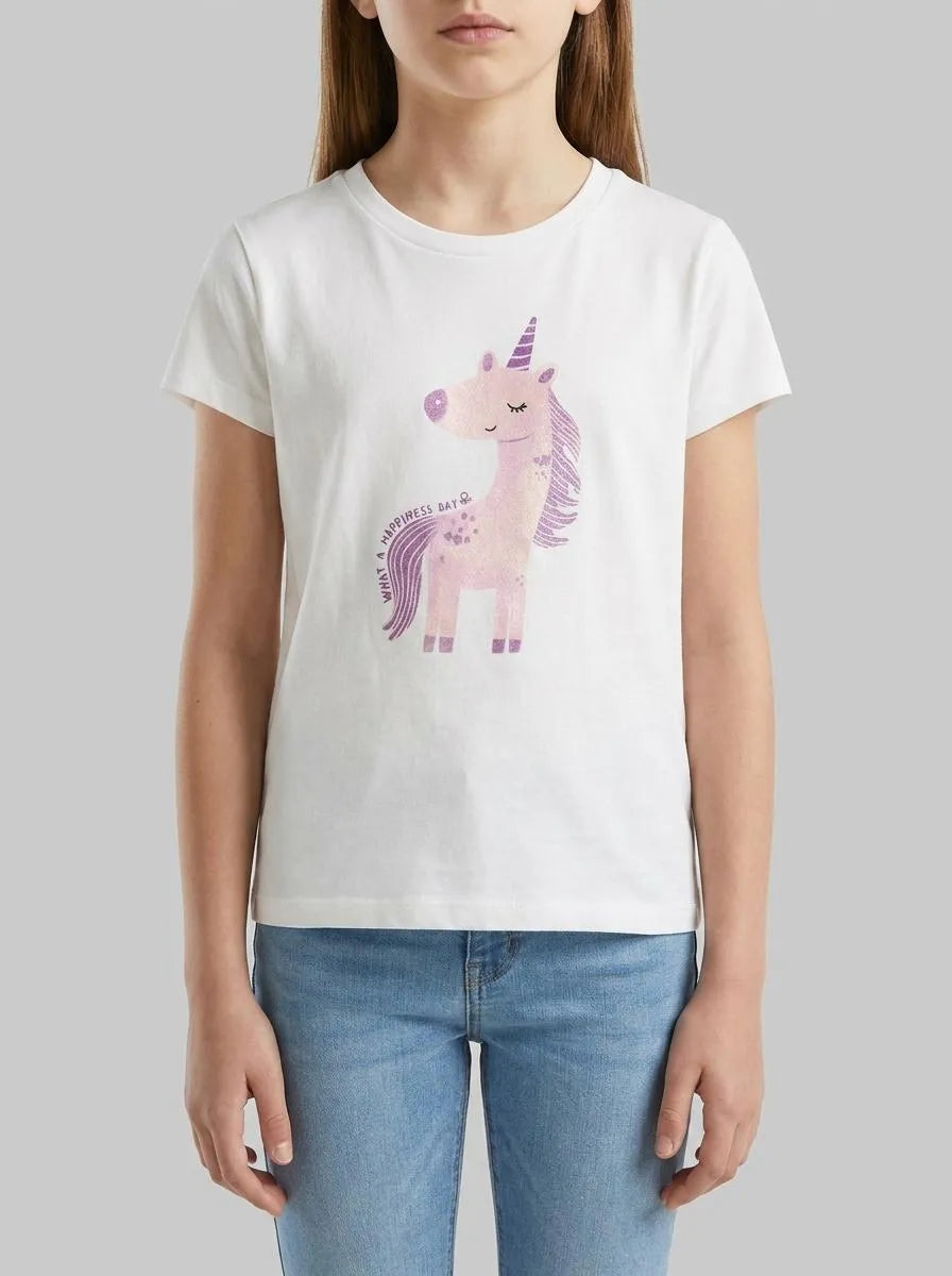 Benetton White Girls T-Shirt with Print and Glitter SKU: 3I1XG10M8_101 Image 00