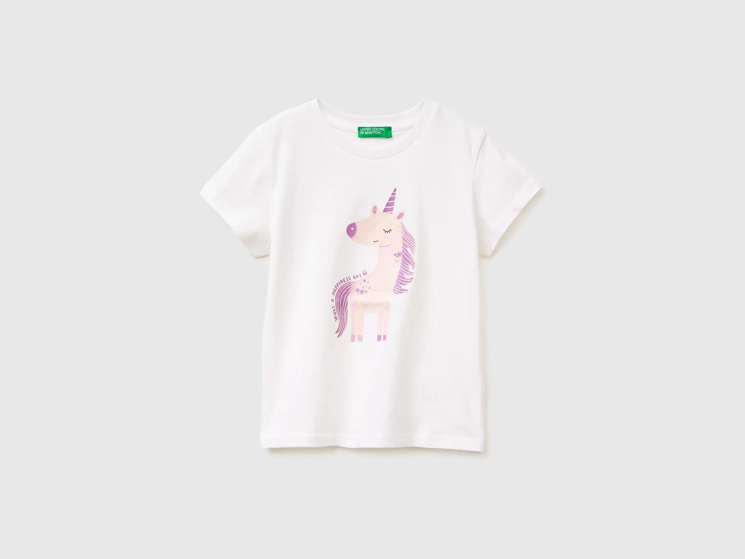 Benetton White Girls T-Shirt with Print and Glitter SKU: 3I1XG10M8_101 Image 01