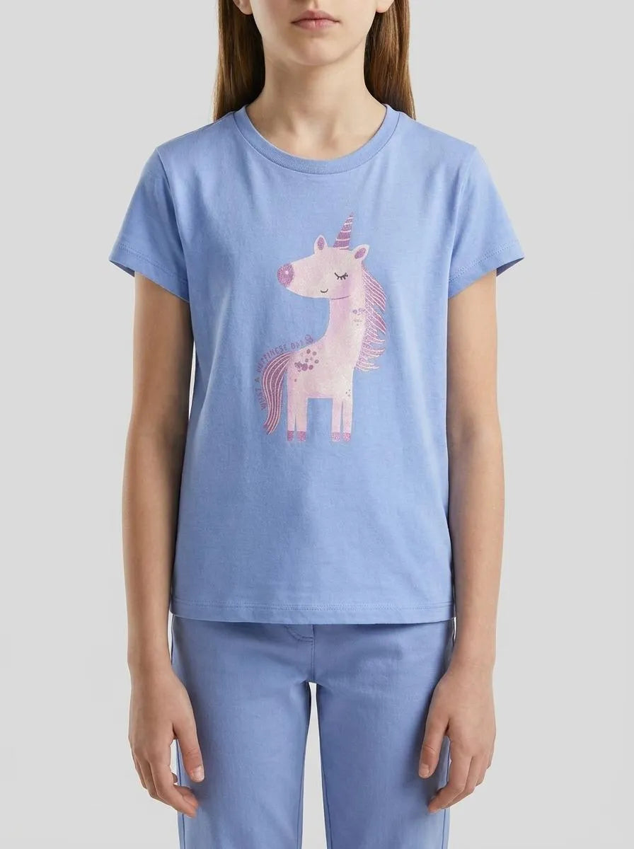 Benetton Lavender Girls T-Shirt with Print and Glitter SKU: 3I1XG10M8_13E Image 00