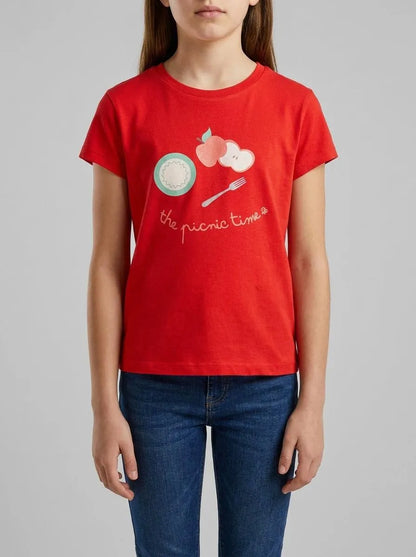 Benetton Red Girls T-Shirt with Print and Glitter SKU: 3I1XG10M8_30A Image 00