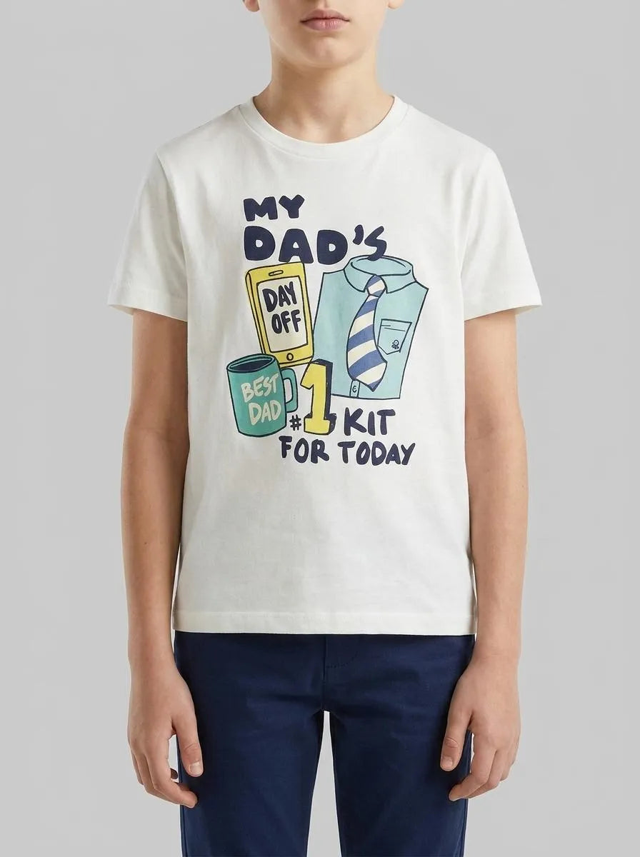Benetton Creamy White Boys Crew Neck T-Shirt with Print SKU: 3I1XG10MA_074 Image 00