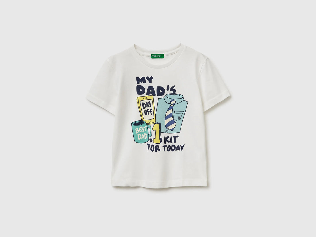 Benetton Creamy White Boys Crew Neck T-Shirt with Print SKU: 3I1XG10MA_074 Image 01