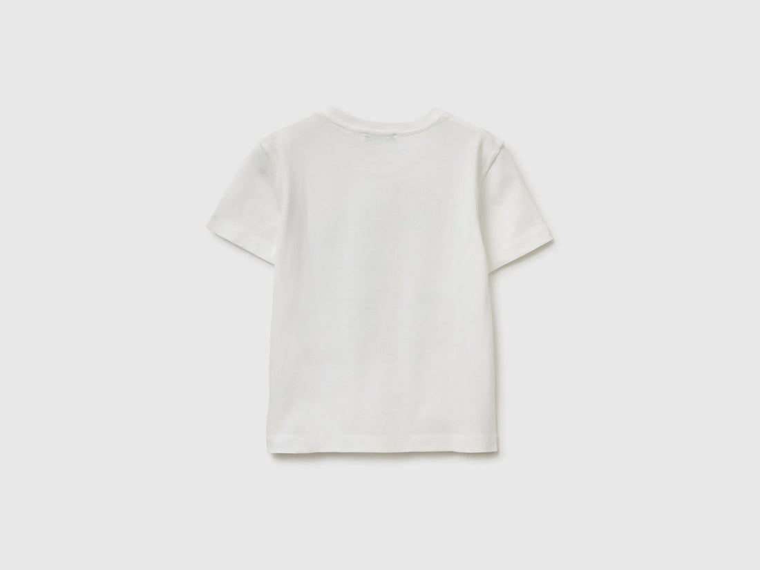 Benetton Creamy White Boys Crew Neck T-Shirt with Print SKU: 3I1XG10MA_074 Image 02