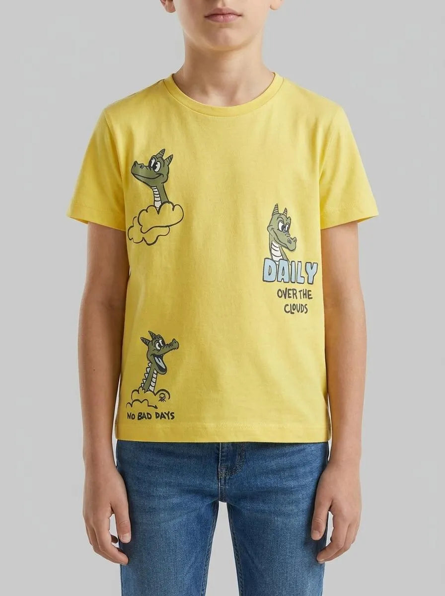 Benetton Yellow Boys Crew Neck T-Shirt with Print SKU: 3I1XG10MA_1C7 Image 00
