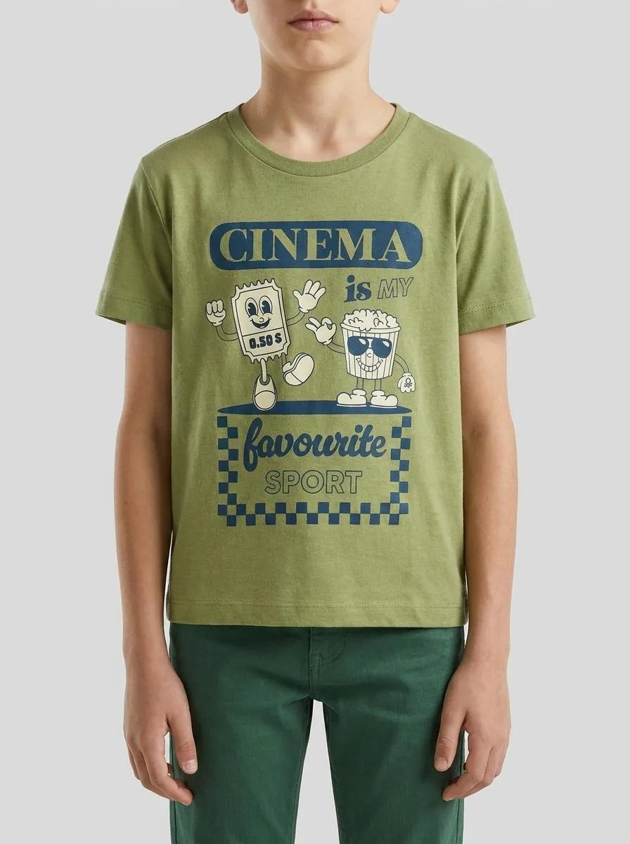Benetton Military Green Boys Crew Neck T-Shirt with Print SKU: 3I1XG10MA_1Q1 Image 00