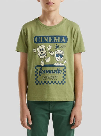 Benetton Military Green Boys Crew Neck T-Shirt with Print SKU: 3I1XG10MA_1Q1 Image 00