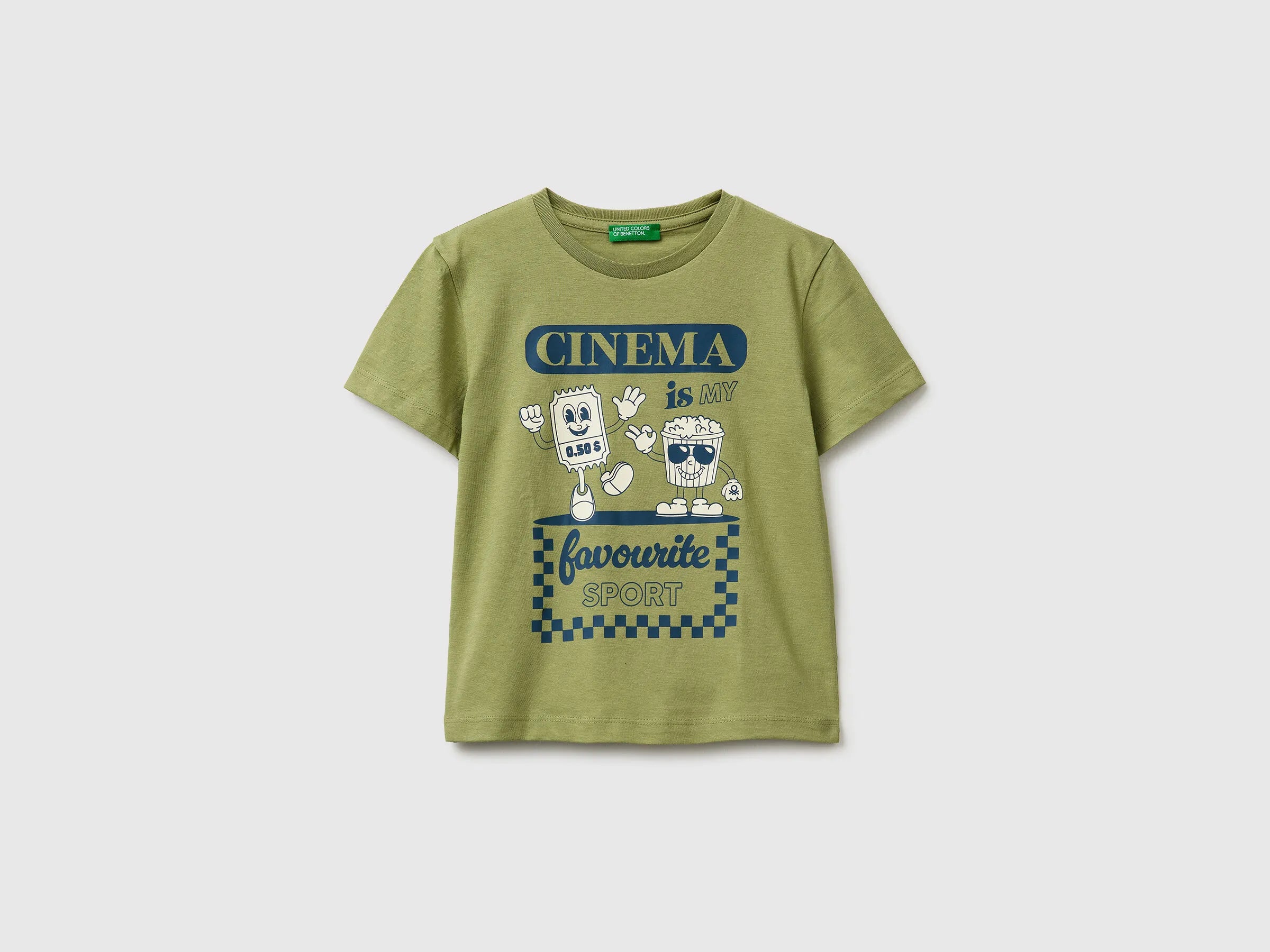 Benetton Military Green Boys Crew Neck T-Shirt with Print SKU: 3I1XG10MA_1Q1 Image 01
