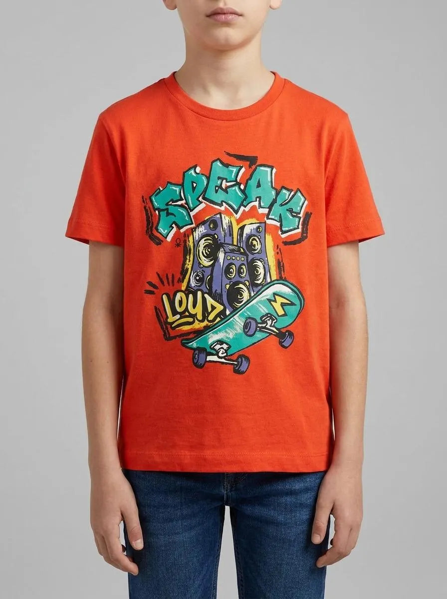 Benetton Red Boys Crew Neck T-Shirt with Print SKU: 3I1XG10MA_34Y Image 00