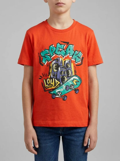 Benetton Red Boys Crew Neck T-Shirt with Print SKU: 3I1XG10MA_34Y Image 00