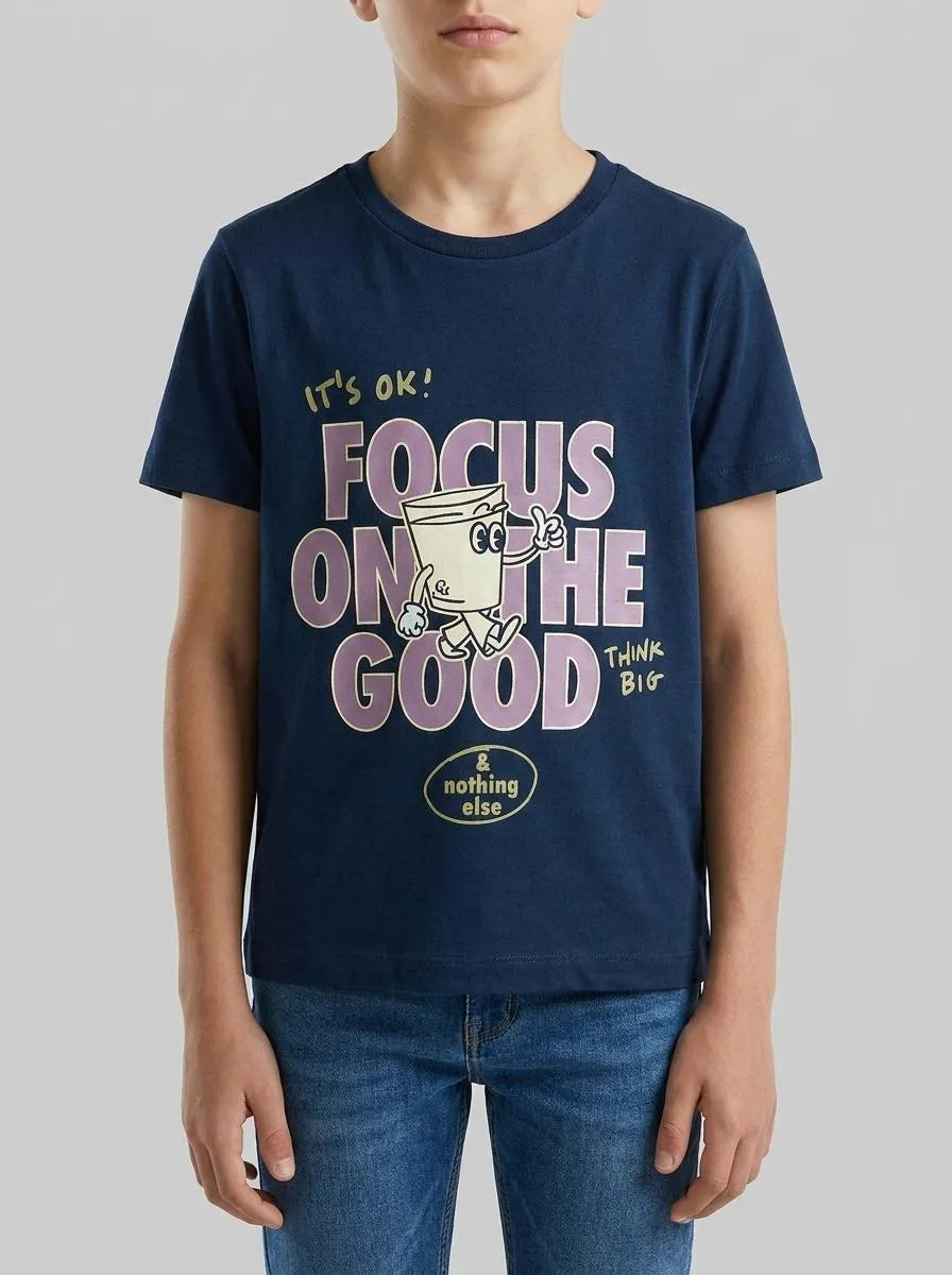 Benetton Dark Blue Boys Crew Neck T-Shirt with Print SKU: 3I1XG10MA_37T Image 00