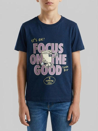 Benetton Dark Blue Boys Crew Neck T-Shirt with Print SKU: 3I1XG10MA_37T Image 00