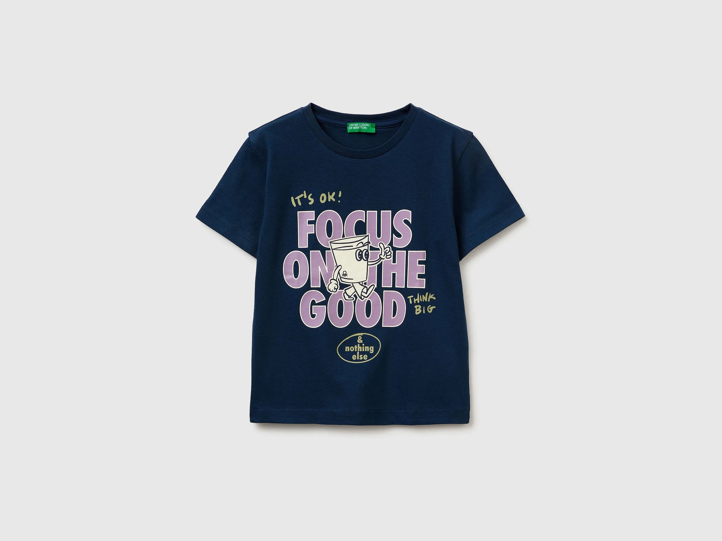 Benetton Dark Blue Boys Crew Neck T-Shirt with Print SKU: 3I1XG10MA_37T Image 01