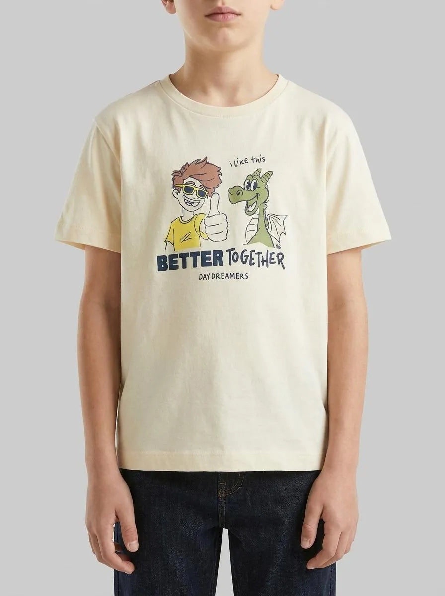 Benetton Creamy White Boys Crew Neck T-Shirt with Print SKU: 3I1XG10MA_3C9 Image 00