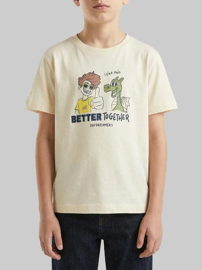 Benetton Creamy White Boys Crew Neck T-Shirt with Print SKU: 3I1XG10MA_3C9 Image 00