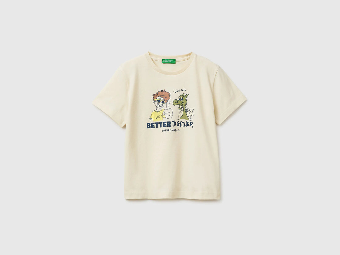 Benetton Creamy White Boys Crew Neck T-Shirt with Print SKU: 3I1XG10MA_3C9 Image 01