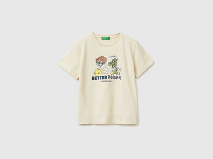 Benetton Creamy White Boys Crew Neck T-Shirt with Print SKU: 3I1XG10MA_3C9 Image 01