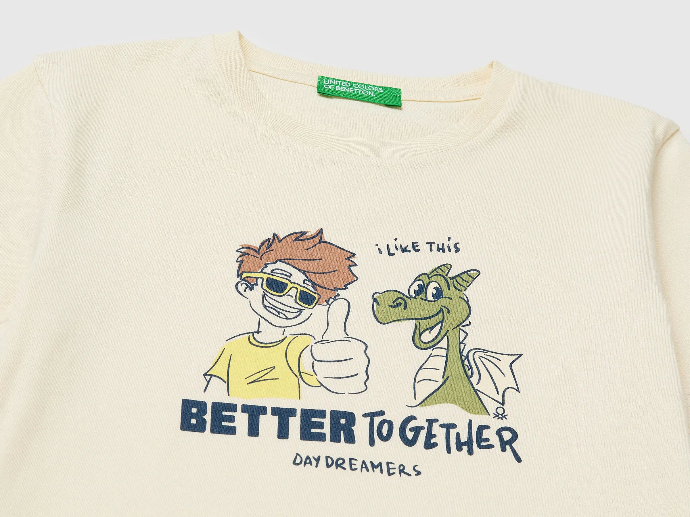 Benetton Creamy White Boys Crew Neck T-Shirt with Print SKU: 3I1XG10MA_3C9 Image 03