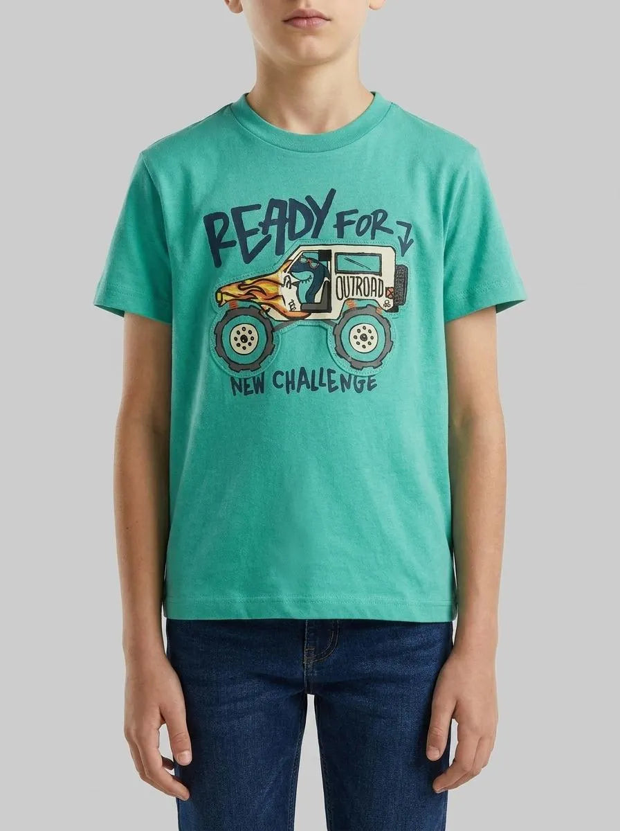 Benetton Aqua Boys T-Shirt with Print and Application SKU: 3I1XG10MF_08N Image 00