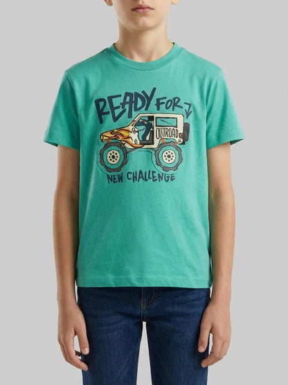 Benetton Aqua Boys T-Shirt with Print and Application SKU: 3I1XG10MF_08N Image 00