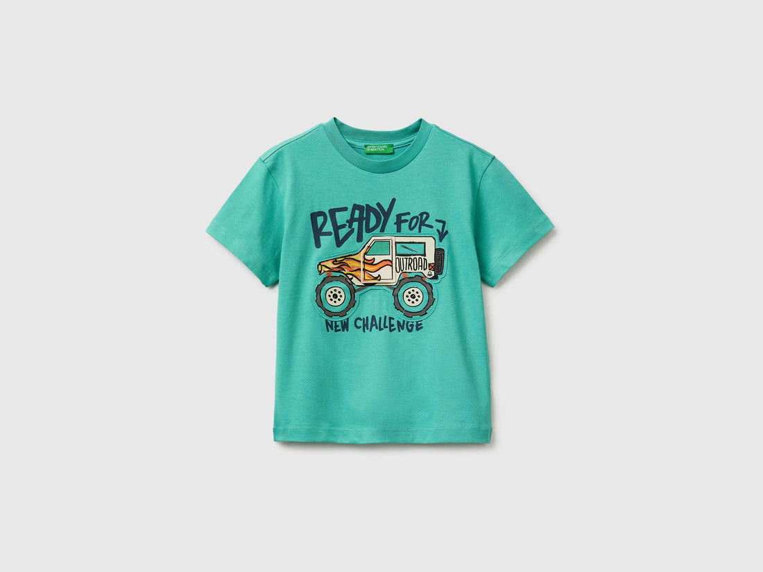 Benetton Aqua Boys T-Shirt with Print and Application SKU: 3I1XG10MF_08N Image 01