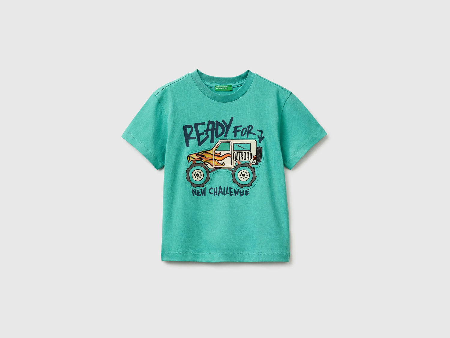 Benetton Aqua Boys T-Shirt with Print and Application SKU: 3I1XG10MF_08N Image 01