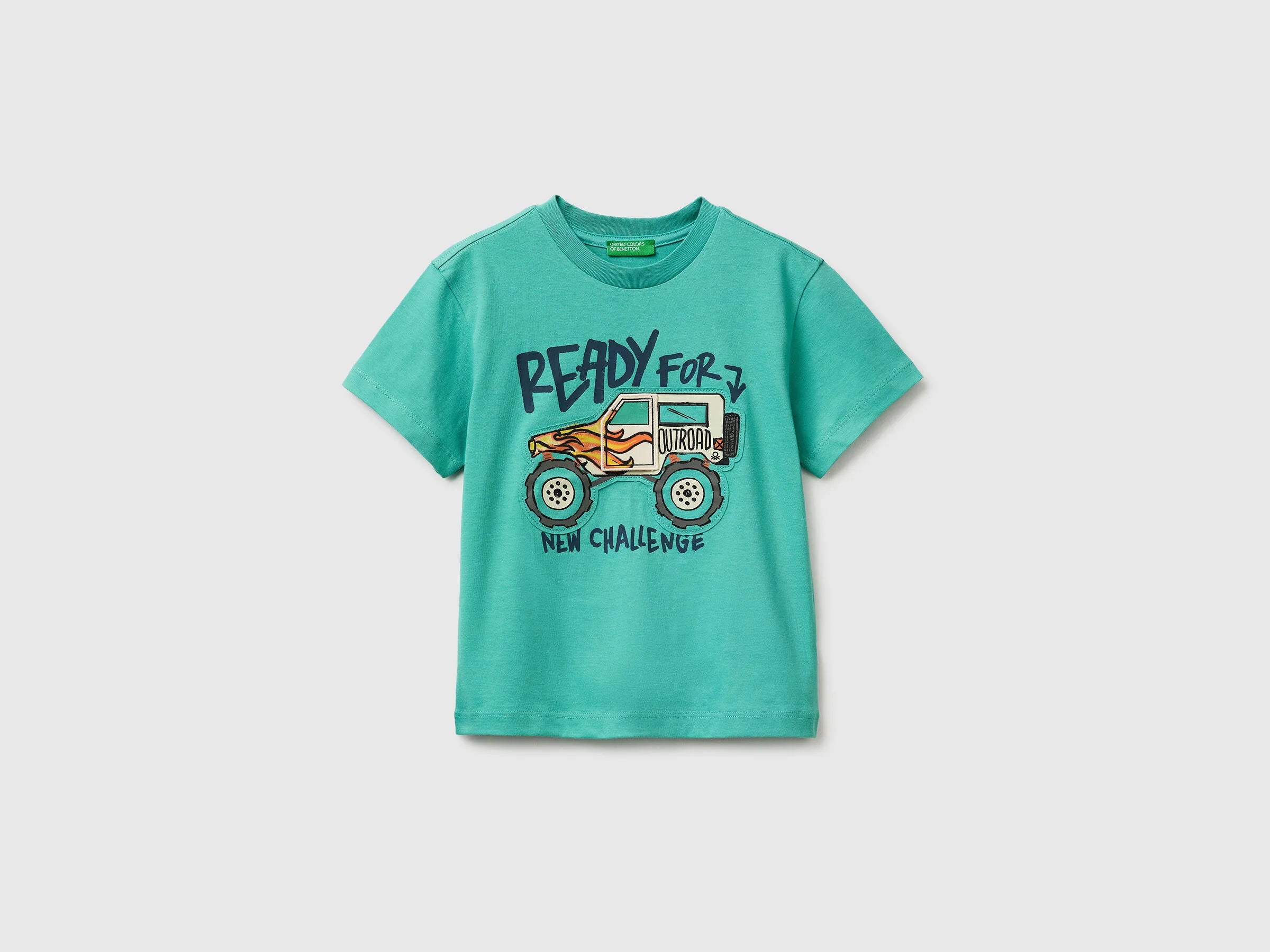 Benetton Aqua Boys T-Shirt with Print and Application SKU: 3I1XG10MF_08N Image 01