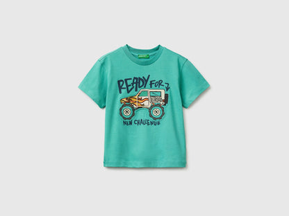 Benetton Aqua Boys T-Shirt with Print and Application SKU: 3I1XG10MF_08N Image 01