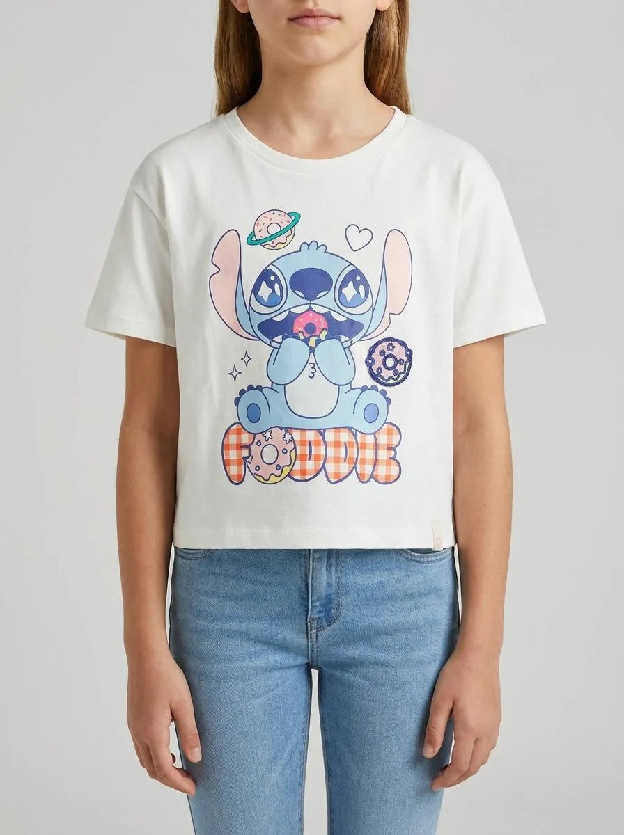 Benetton Creamy White Girls T-Shirt with ©Disney Lilo &amp; Stitch Print SKU: 3I1XG10MO_074 Image 00