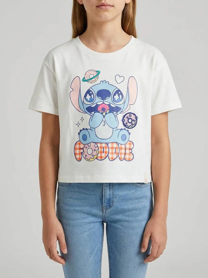 Benetton Creamy White Girls T-Shirt with ©Disney Lilo &amp; Stitch Print SKU: 3I1XG10MO_074 Image 00