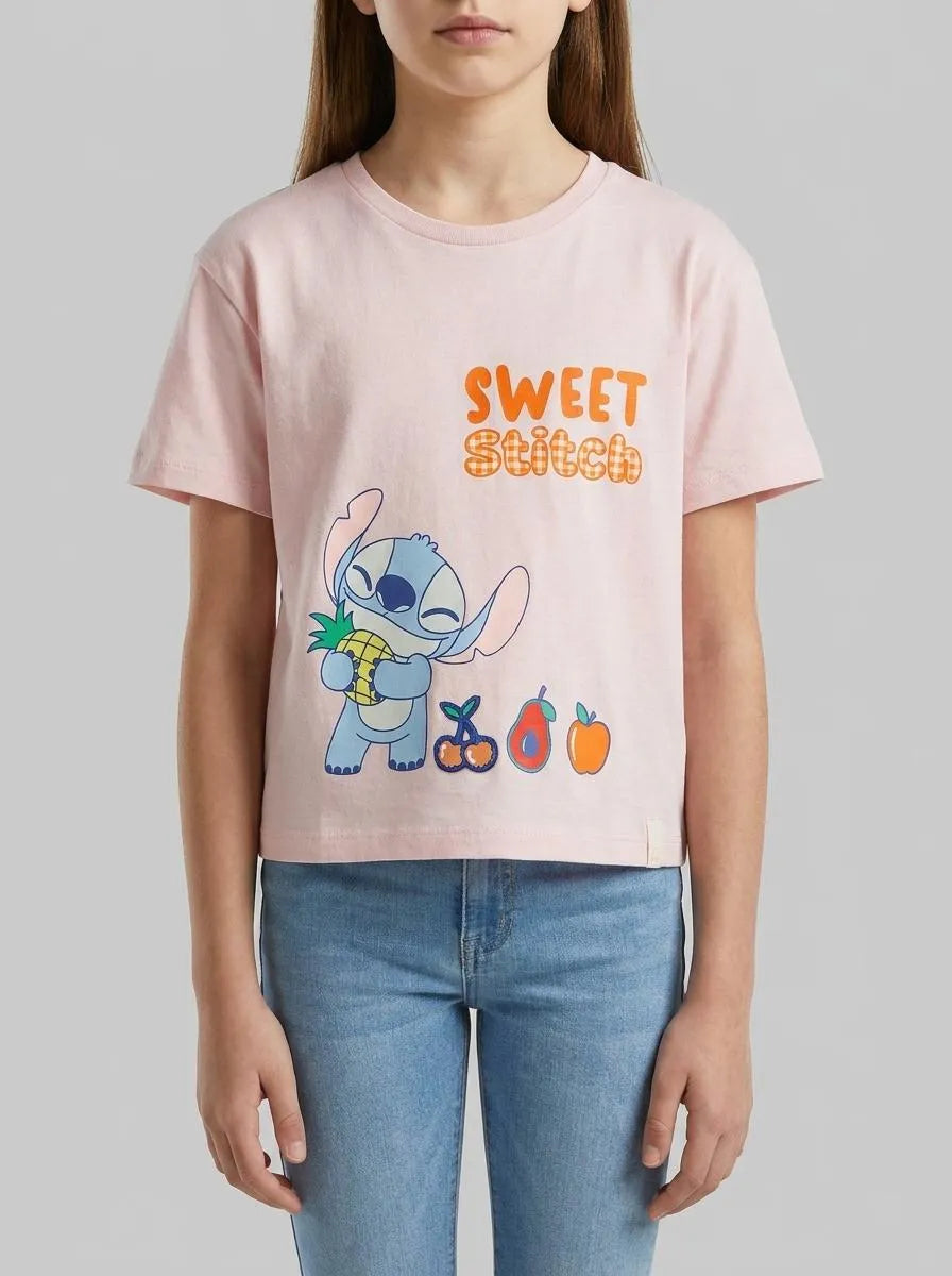 Benetton Pink Girls T-Shirt with ©Disney Lilo &amp; Stitch Print SKU: 3I1XG10MO_25F Image 00