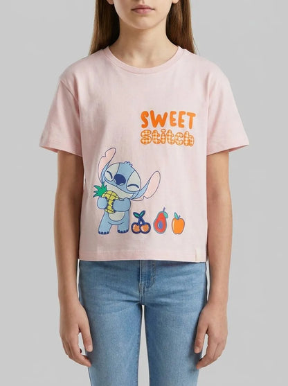 Benetton Pink Girls T-Shirt with ©Disney Lilo &amp; Stitch Print SKU: 3I1XG10MO_25F Image 00