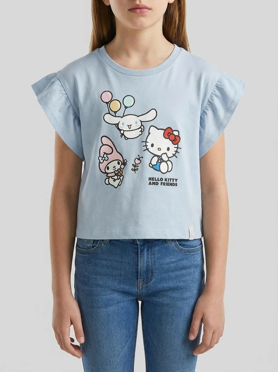Benetton Light Blue Girls Hello Kitty T-Shirt with Glitter SKU: 3I1XG10MW_12C Image 00