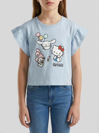 Benetton Light Blue Girls Hello Kitty T-Shirt with Glitter SKU: 3I1XG10MW_12C Image 00