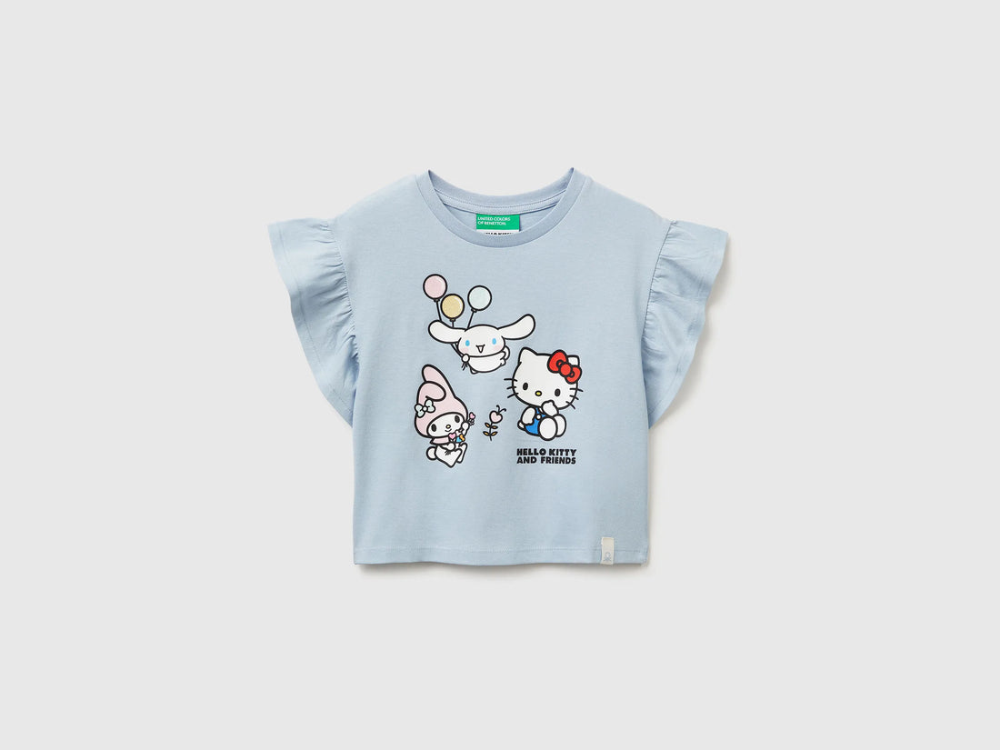 Benetton Light Blue Girls Hello Kitty T-Shirt with Glitter SKU: 3I1XG10MW_12C Image 01