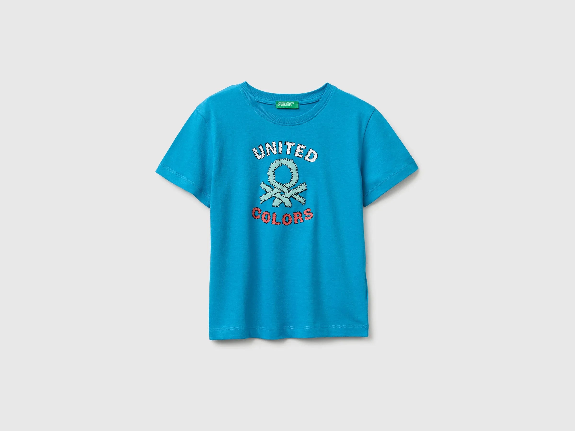 Benetton Blue Boys Organic Cotton T-Shirt with Logo Print SKU: 3I1XG10MX_051 Image 01