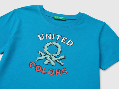 Benetton Blue Boys Organic Cotton T-Shirt with Logo Print SKU: 3I1XG10MX_051 Image 03