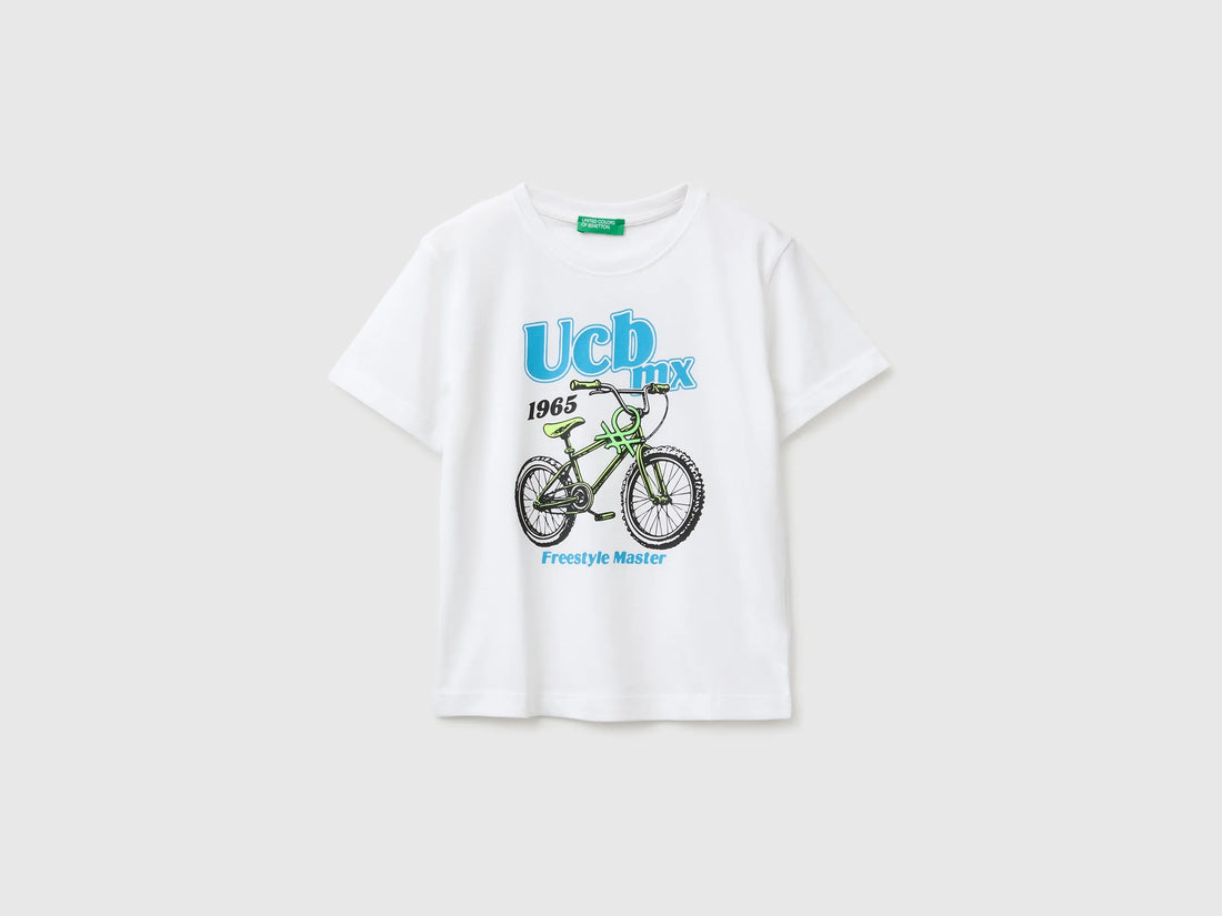 Benetton White Boys Organic Cotton T-Shirt with Logo Print SKU: 3I1XG10MX_101 Image 01