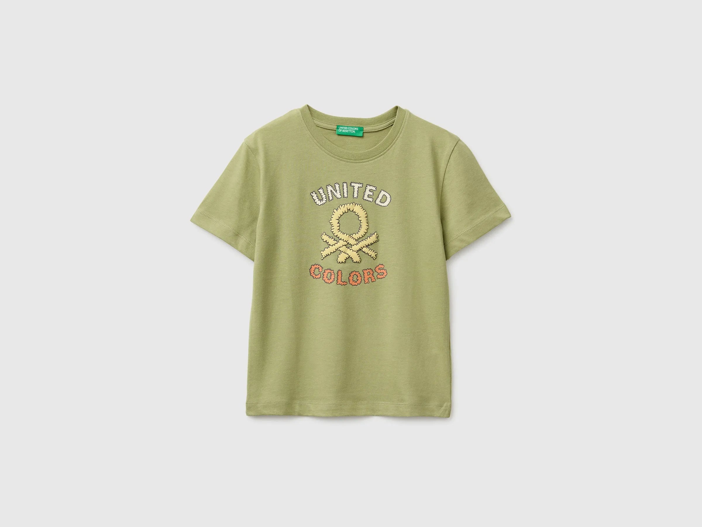 Benetton Green Boys Organic Cotton T-Shirt with Logo Print SKU: 3I1XG10MX_1Q1 Image 01