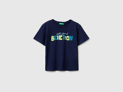 Benetton Blue Boys Organic Cotton T-Shirt with Logo Print SKU: 3I1XG10MX_252 Image 01