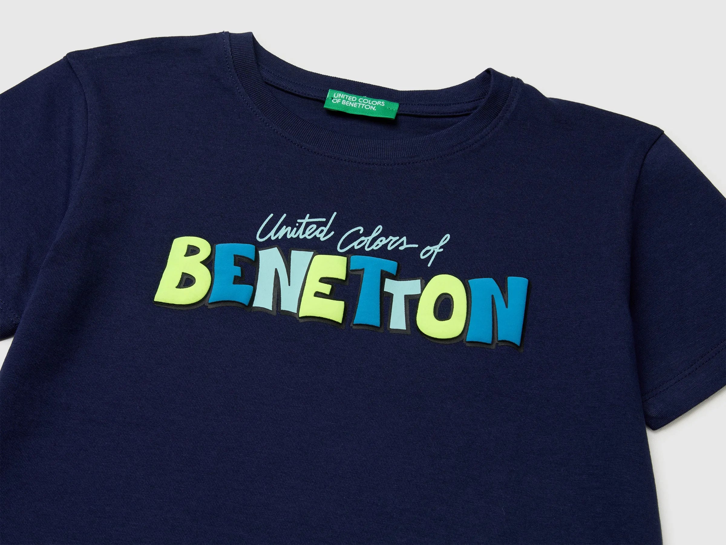 Benetton Blue Boys Organic Cotton T-Shirt with Logo Print SKU: 3I1XG10MX_252 Image 03