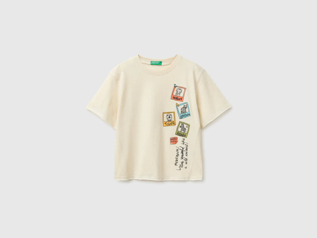 Benetton Beige Boys Soft T-Shirt with Print SKU: 3I1XG10MZ_3C9 Image 01