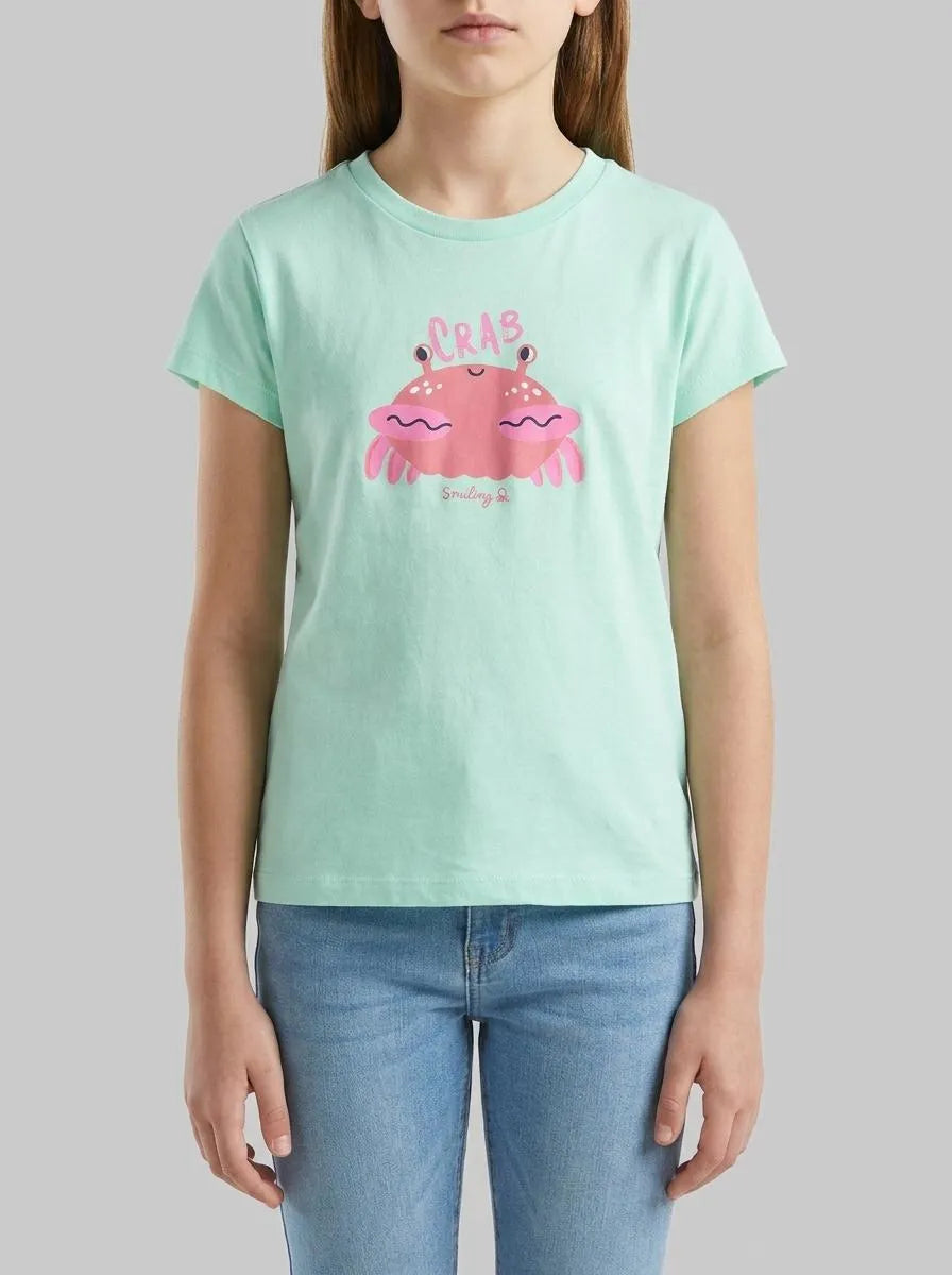 Benetton Aqua Girls Regular Fit T-Shirt with Print SKU: 3I1XG10N5_0E6 Image 00