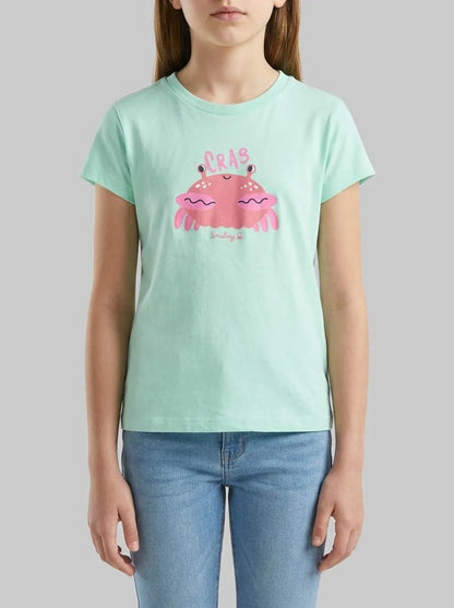 Benetton Aqua Girls Regular Fit T-Shirt with Print SKU: 3I1XG10N5_0E6 Image 00