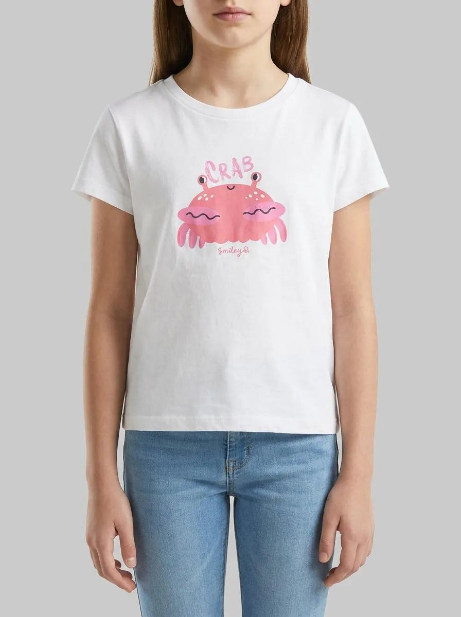 Benetton White Girls Regular Fit T-Shirt with Print SKU: 3I1XG10N5_101 Image 00