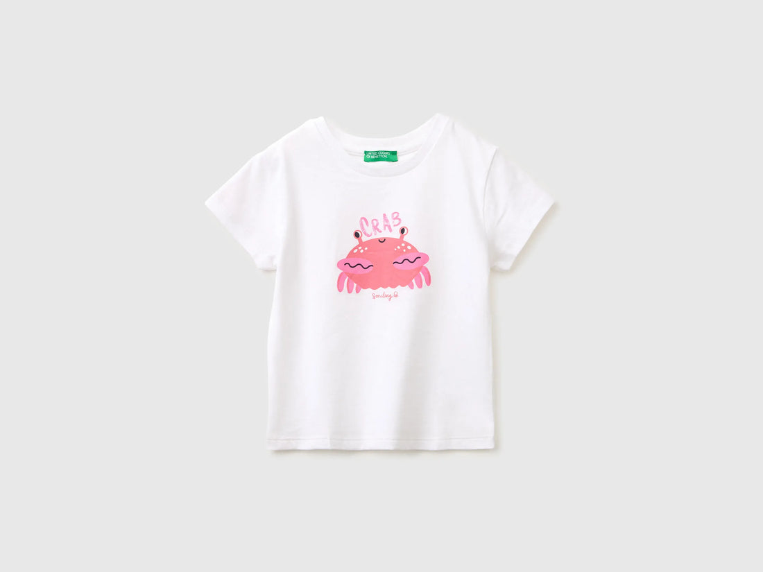 Benetton White Girls Regular Fit T-Shirt with Print SKU: 3I1XG10N5_101 Image 01