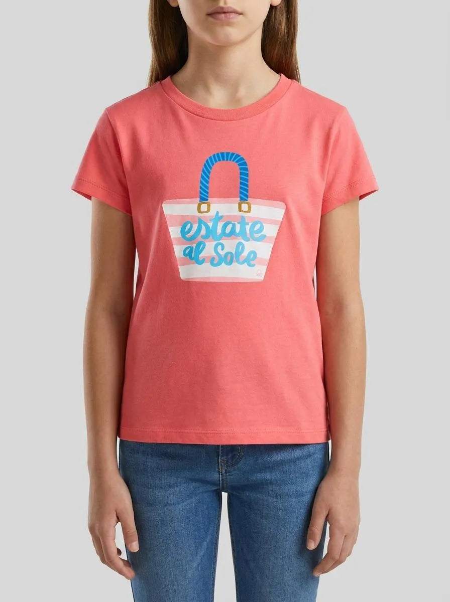 Benetton Orange Coral Girls Regular Fit T-Shirt with Print SKU: 3I1XG10N5_35Q Image 00