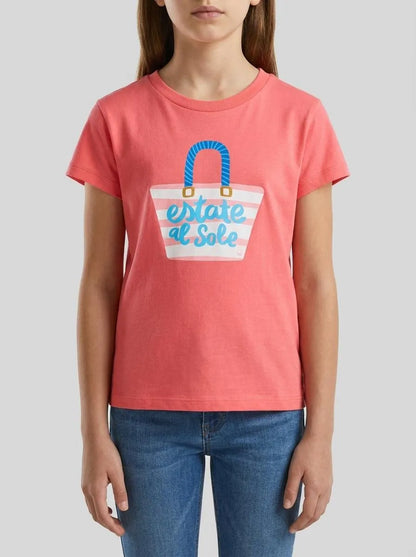 Benetton Orange Coral Girls Regular Fit T-Shirt with Print SKU: 3I1XG10N5_35Q Image 00