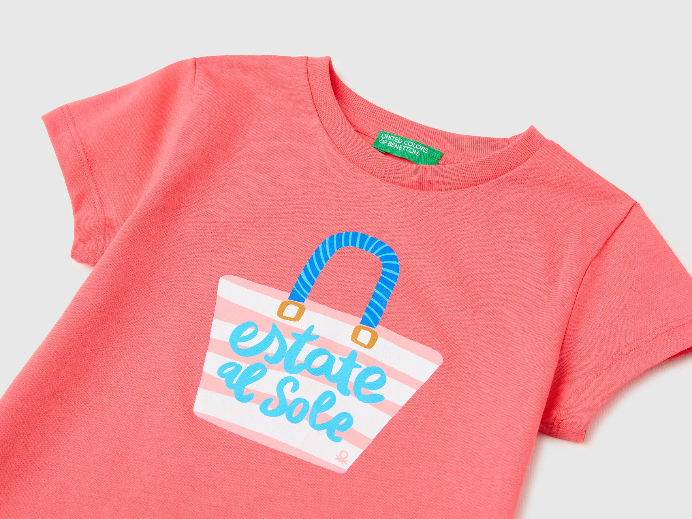 Benetton Orange Coral Girls Regular Fit T-Shirt with Print SKU: 3I1XG10N5_35Q Image 03