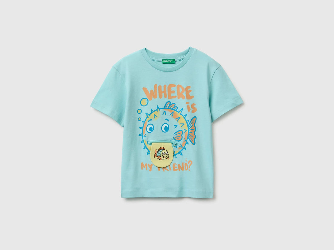 Benetton Blue Boys Printed T-Shirt with Zip SKU: 3I1XG10NB_3L7 Image 01