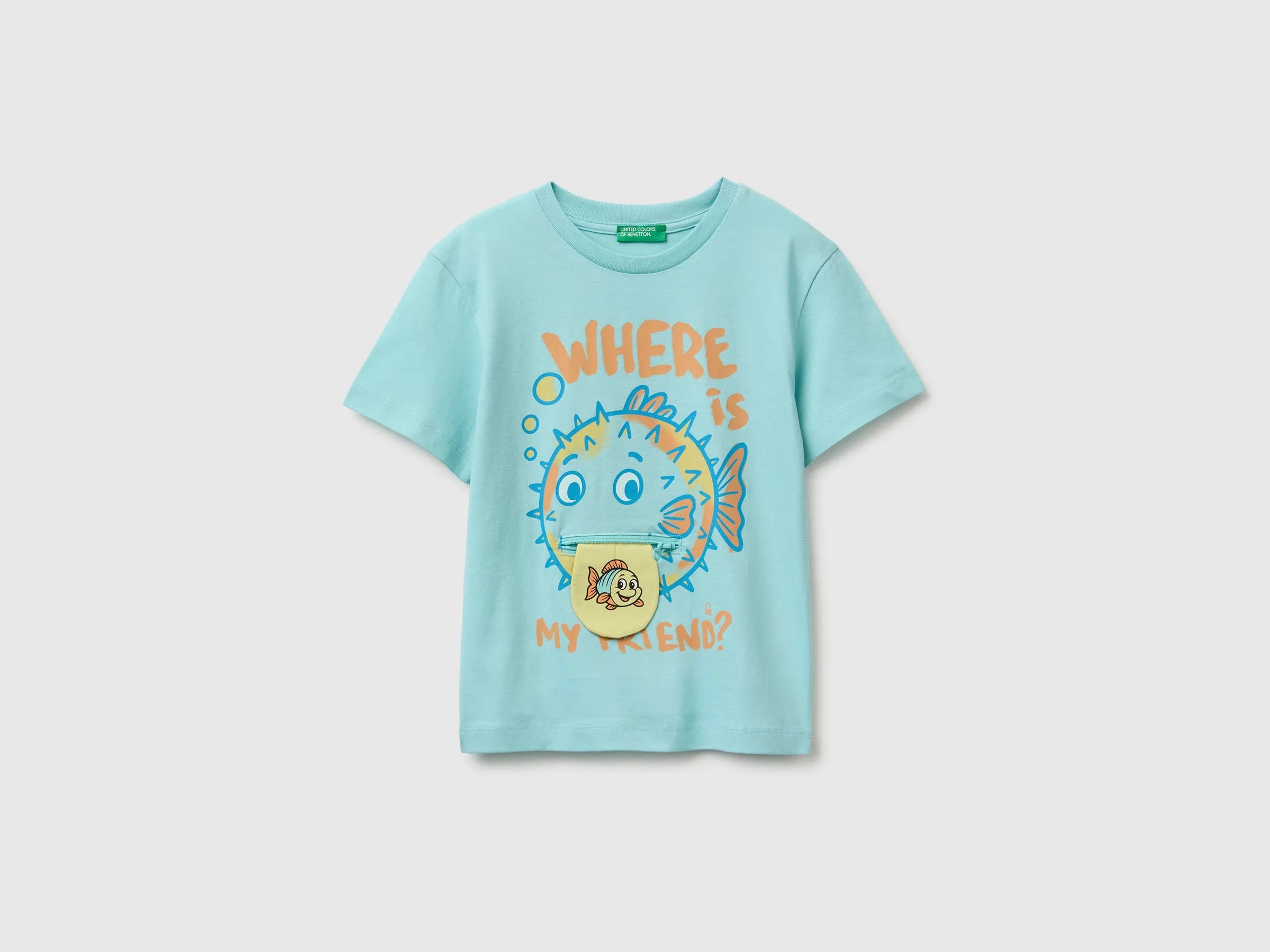 Benetton Blue Boys Printed T-Shirt with Zip SKU: 3I1XG10NB_3L7 Image 01
